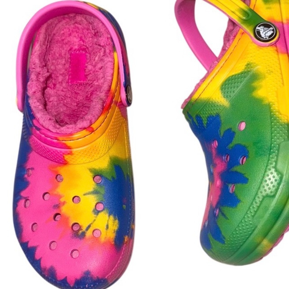 Crocs fur lined CLASSIC Tie Dye kids clogs shoes girl’s shoes size 4 - Picture 4 of 13